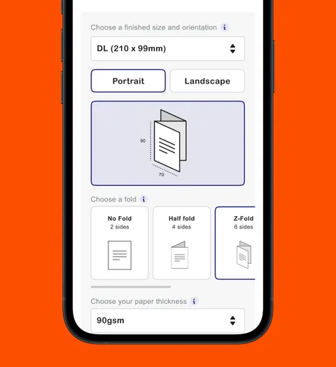 Leafletdrop's print options on a phone, choosing a leaflet's size, orientation and fold, on orange