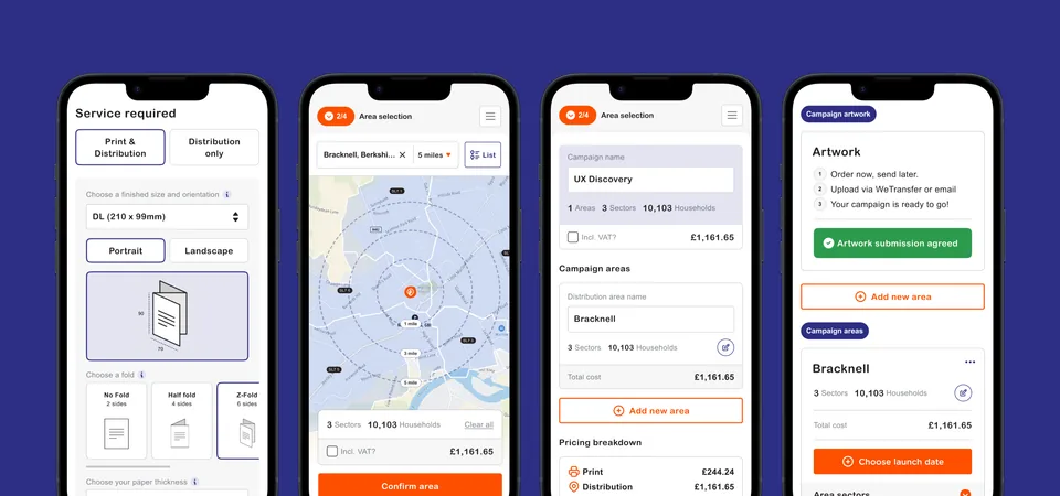 Four Leafletdrop screens on phones, showing the service choice, area selection, campaign summary and artwork steps