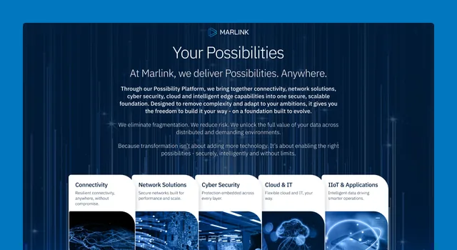 Marlink's "Your Possibilities" page on desktop, with connectivity, network, cyber security, cloud and IoT tiles