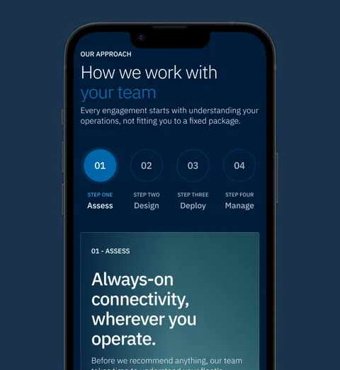 Marlink's "How we work with your team" page on a phone: assess, design, deploy and manage