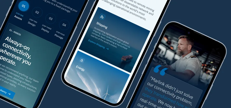 Marlink pages on phones at an angle, with "Always-on connectivity", shipping and a customer quote