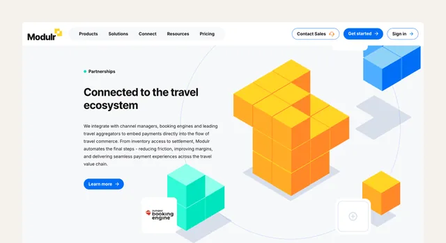 Modulr's travel page on desktop, "Connected to the travel ecosystem", with yellow and teal cube illustrations