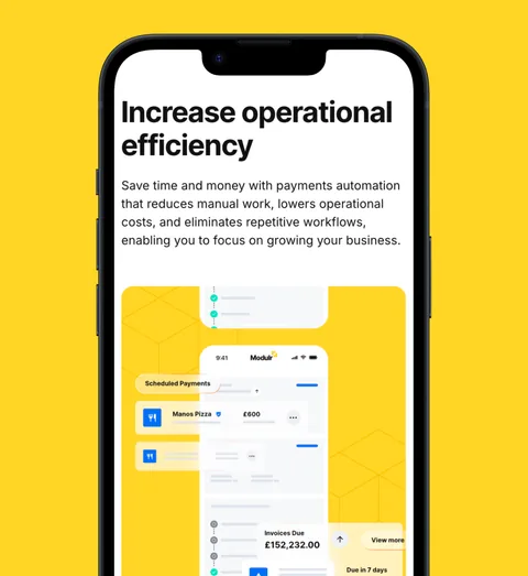 Modulr's "Increase operational efficiency" page on a phone, on yellow