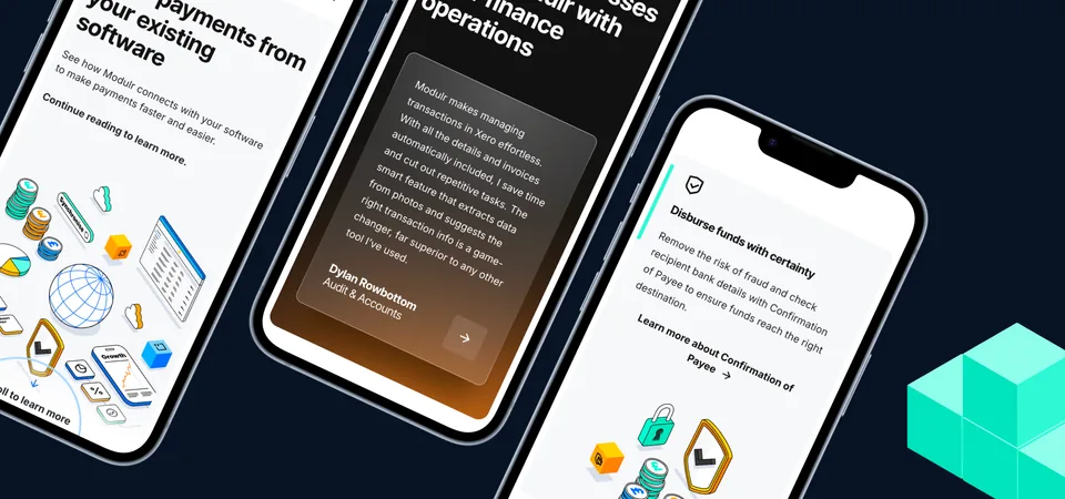 Three Modulr pages on phones at an angle, on navy, covering payments from existing software, a customer quote and Confirmation of Payee