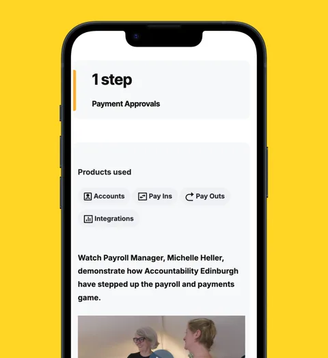 A Modulr customer story on a phone, showing payment approvals and the products used, on yellow