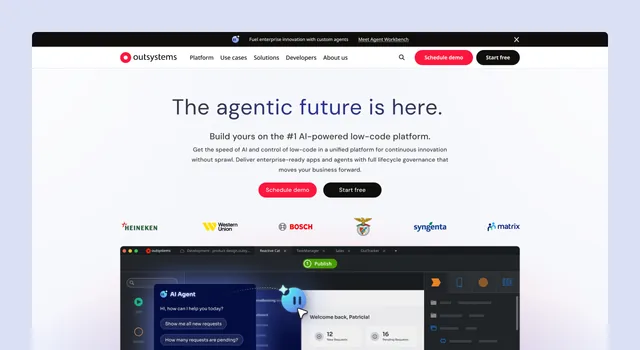 OutSystems' homepage on desktop, "The agentic future is here", with an AI agent panel