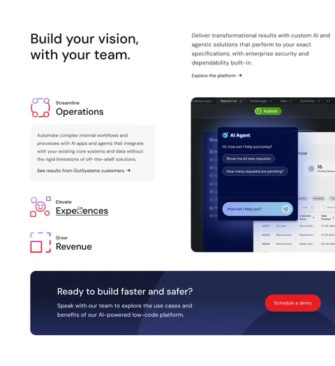 OutSystems' "Build your vision, with your team" section, with operations, experiences and revenue