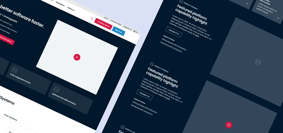 OutSystems page layouts at an angle, including "Build better software faster" and a platform highlight