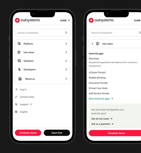 Two OutSystems navigation menus on phones