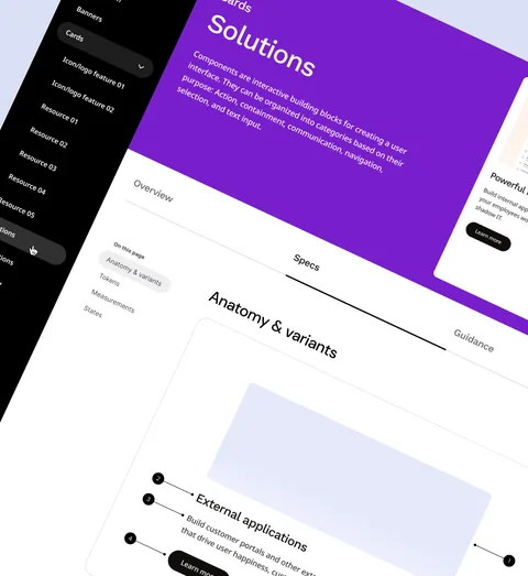 OutSystems' Solutions page and component variants at an angle, on purple