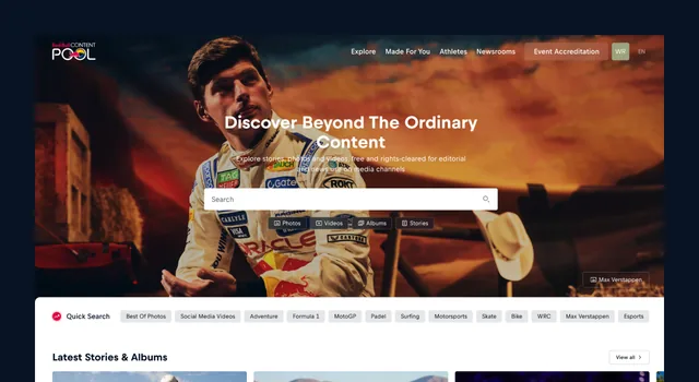 Red Bull Content Pool's homepage on desktop, with a racing driver and the content search