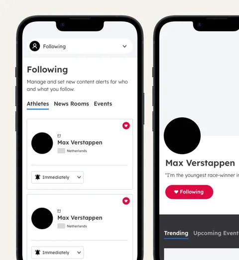 Two Red Bull Content Pool screens on phones: athletes you follow and Max Verstappen's profile