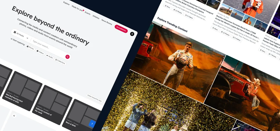 Red Bull Content Pool pages at an angle, with "Explore beyond the ordinary" and action photography