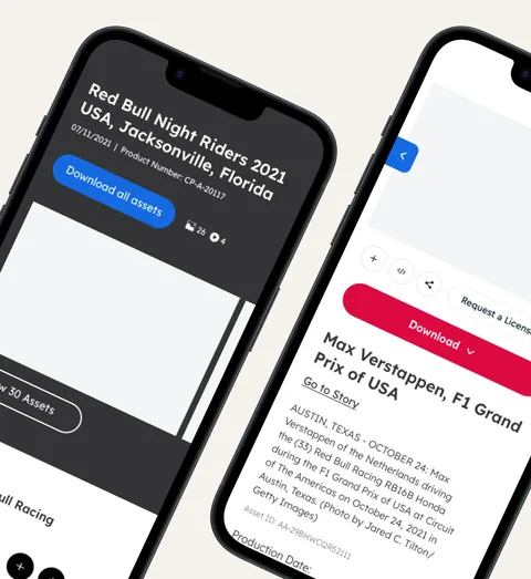 Red Bull Content Pool story pages on phones at an angle, including Max Verstappen at the US Grand Prix