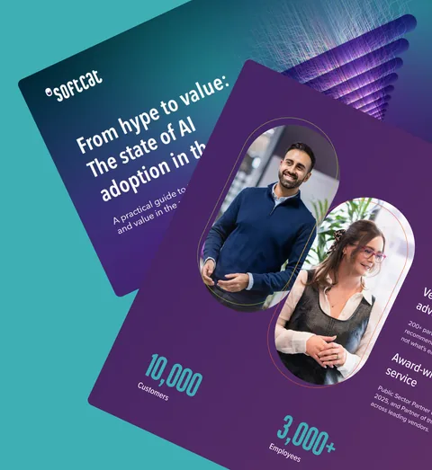 Softcat brochure pages at an angle, including the report From hype to value: the state of AI adoption, on teal