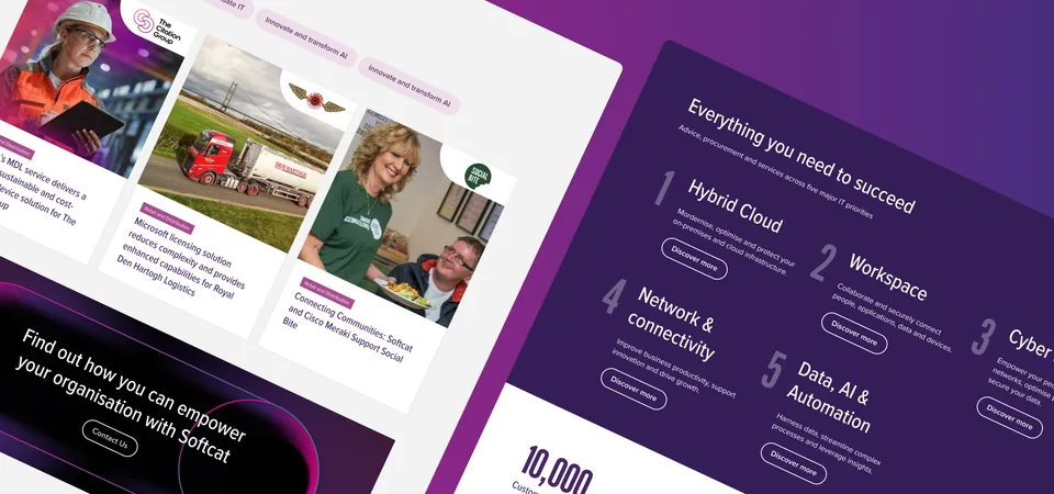 Softcat pages at an angle, with customer stories and services from hybrid cloud to cyber security
