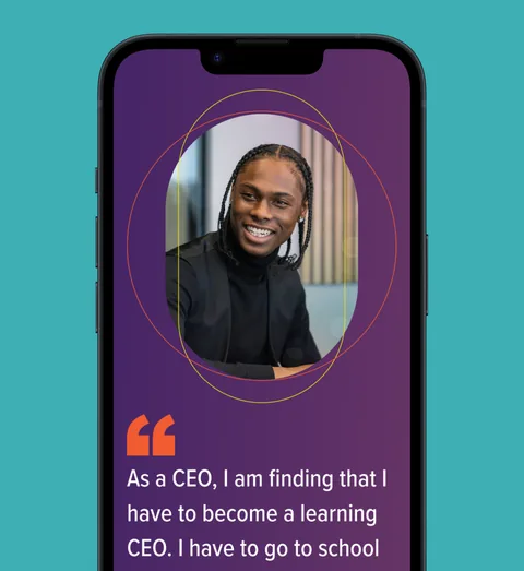 A Softcat customer story on a phone, with a quote from a CEO, on teal