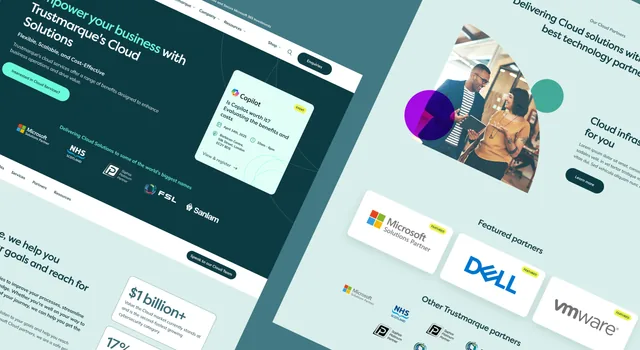 Trustmarque pages on desktop at an angle, with its cloud solutions and featured partners including Microsoft, Dell and VMware