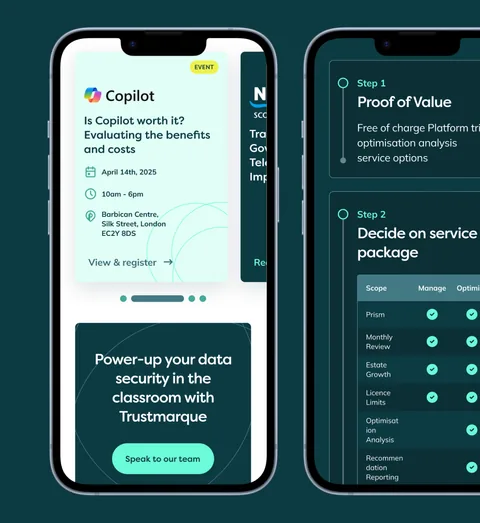 Trustmarque pages on two phones, a Copilot event card and a step-by-step service package, on dark teal