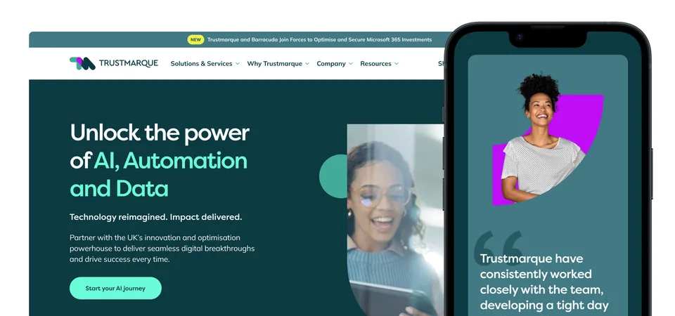 The Trustmarque homepage on desktop, "Unlock the power of AI, Automation and Data", beside a customer quote on a phone