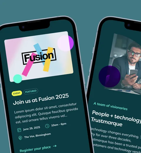 Trustmarque's "Join us at Fusion 2025" event page and "People + technology" page on phones
