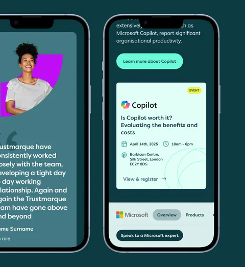 A Trustmarque customer quote and an "Is Copilot worth it?" event card, on two phones